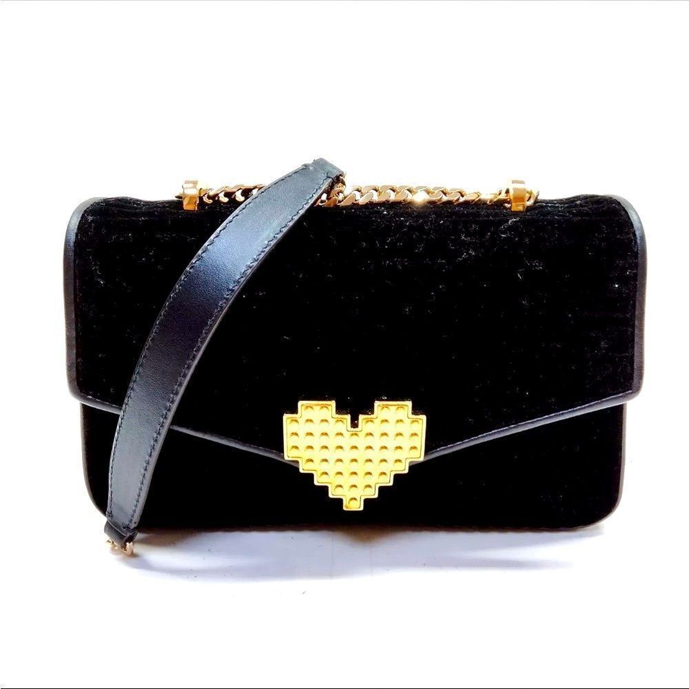 Ltd Edition les petits joueurs Small Black Velvet Leather Heart Crossbody Bag